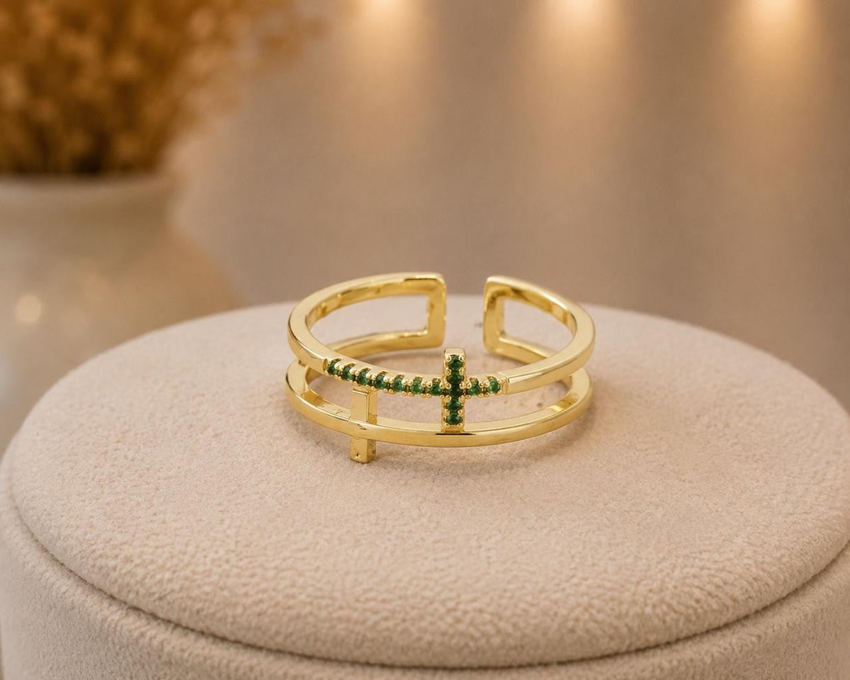 Green Cross Adjustable Ring – Gold Plated