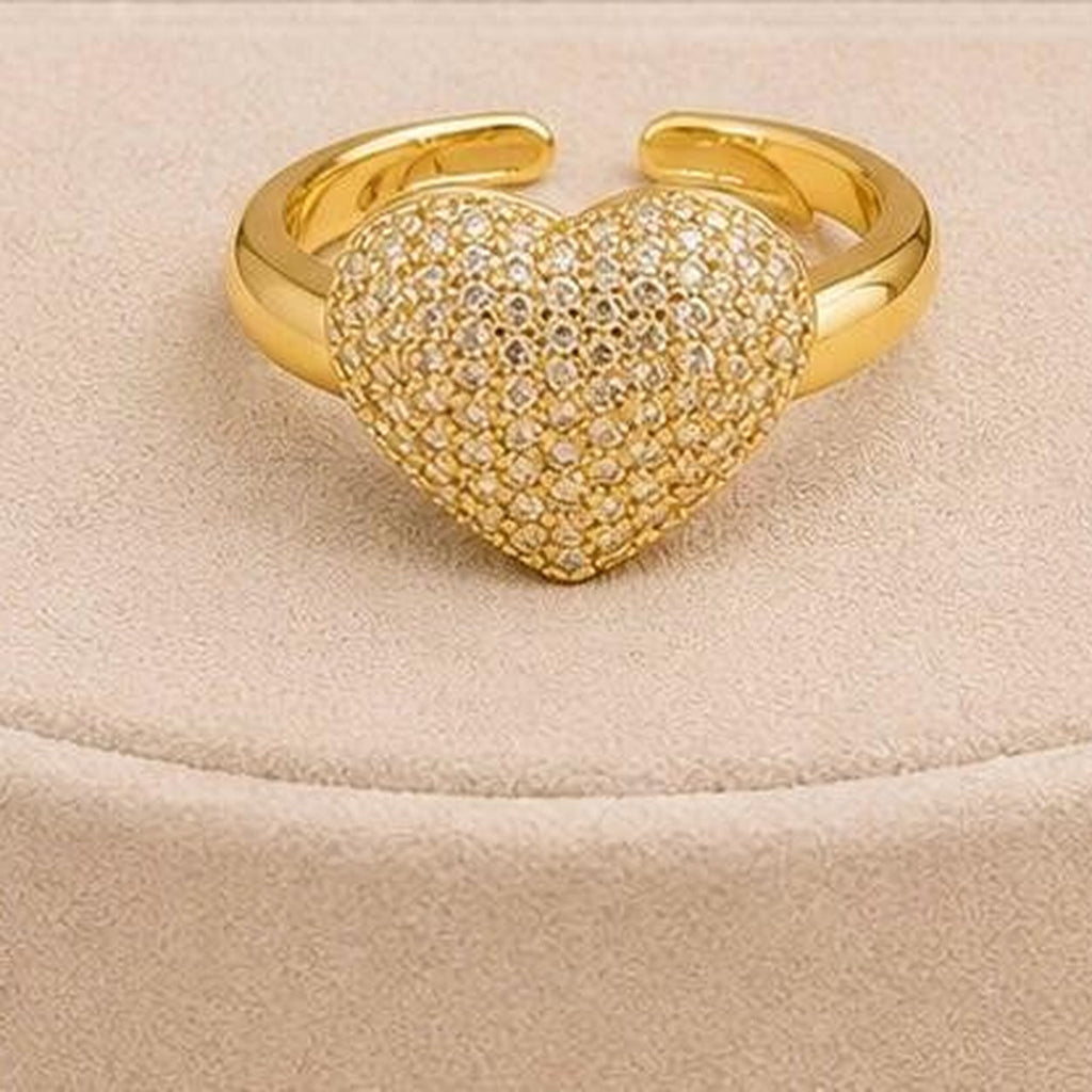 Pavé Heart Adjustable Ring – Gold Plated