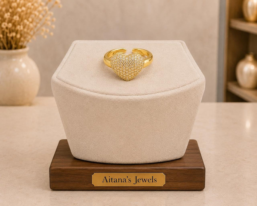 Pavé Heart Adjustable Ring – Gold Plated