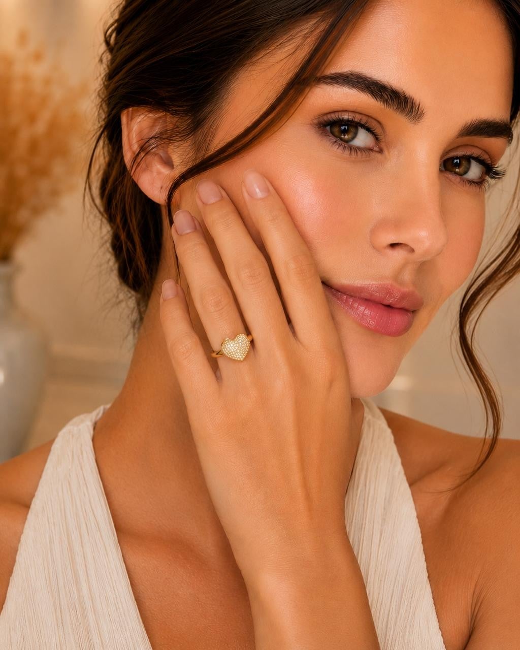 Pavé Heart Adjustable Ring – Gold Plated
