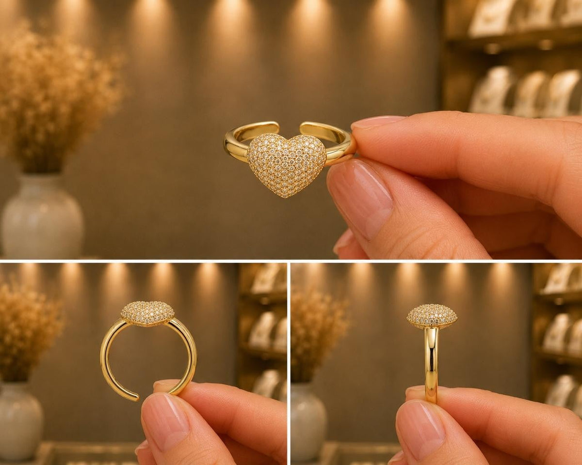 Pavé Heart Adjustable Ring – Gold Plated