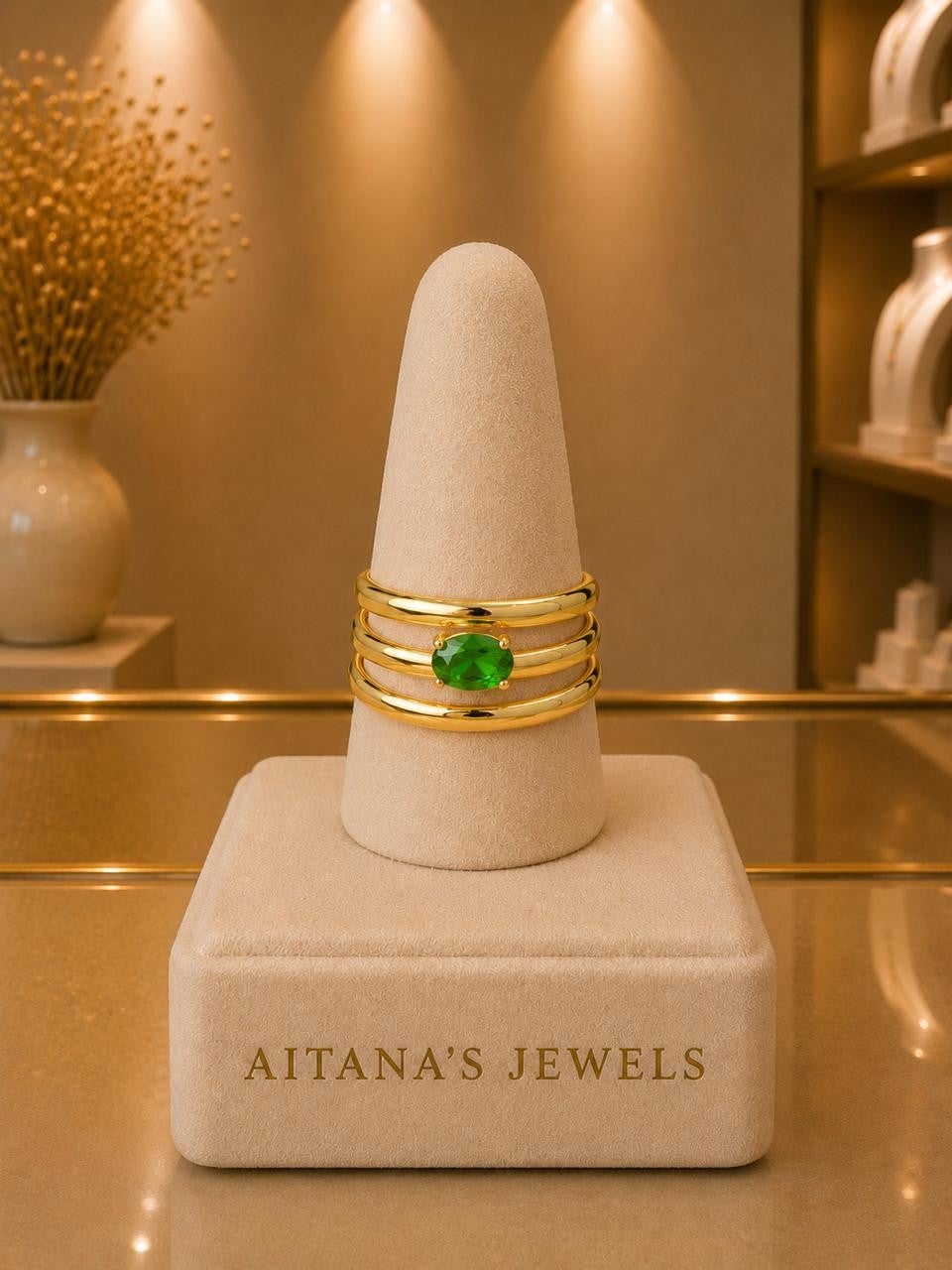 Green Stone Adjustable Ring – Gold Plated