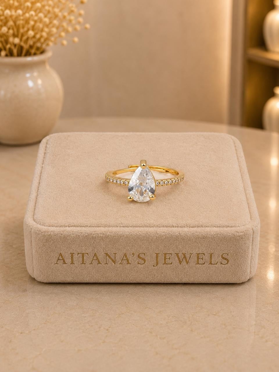 Pear Cut Solitaire Adjustable Ring – Gold Plated