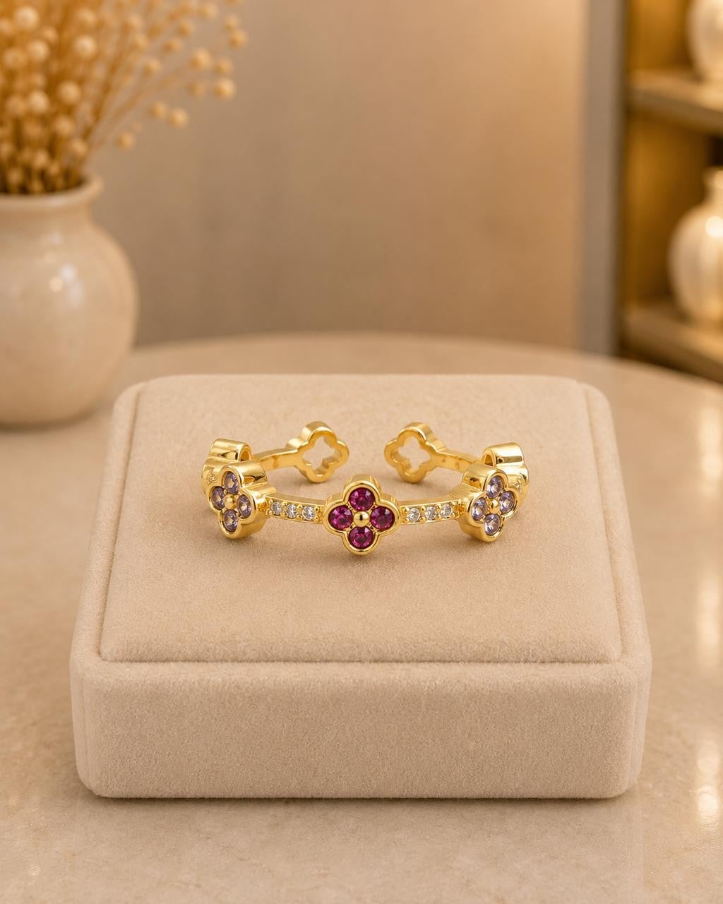 Triple Clover Adjustable Ring – Gold Plated