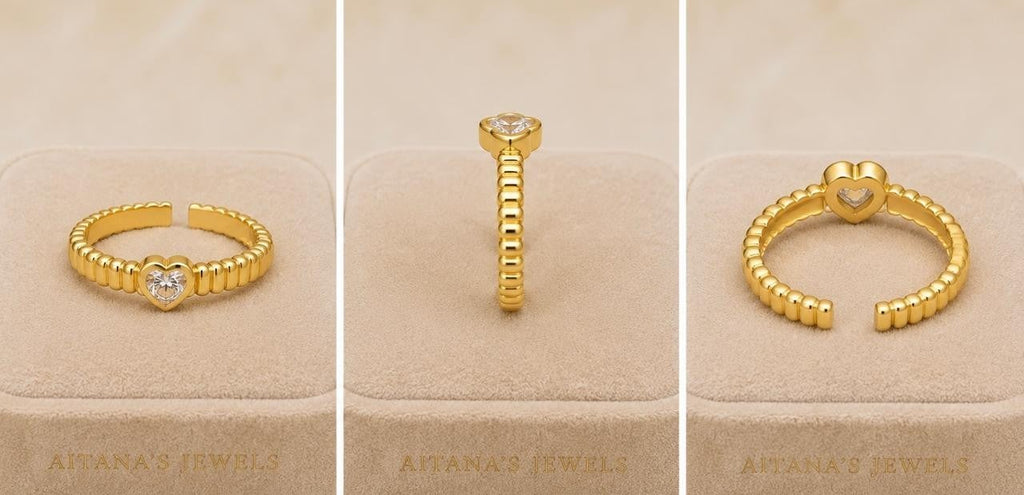 Heart Ribbed Adjustable Ring – Gold Plated