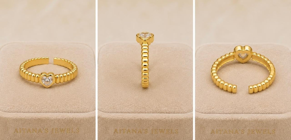 Heart Ribbed Adjustable Ring – Gold Plated