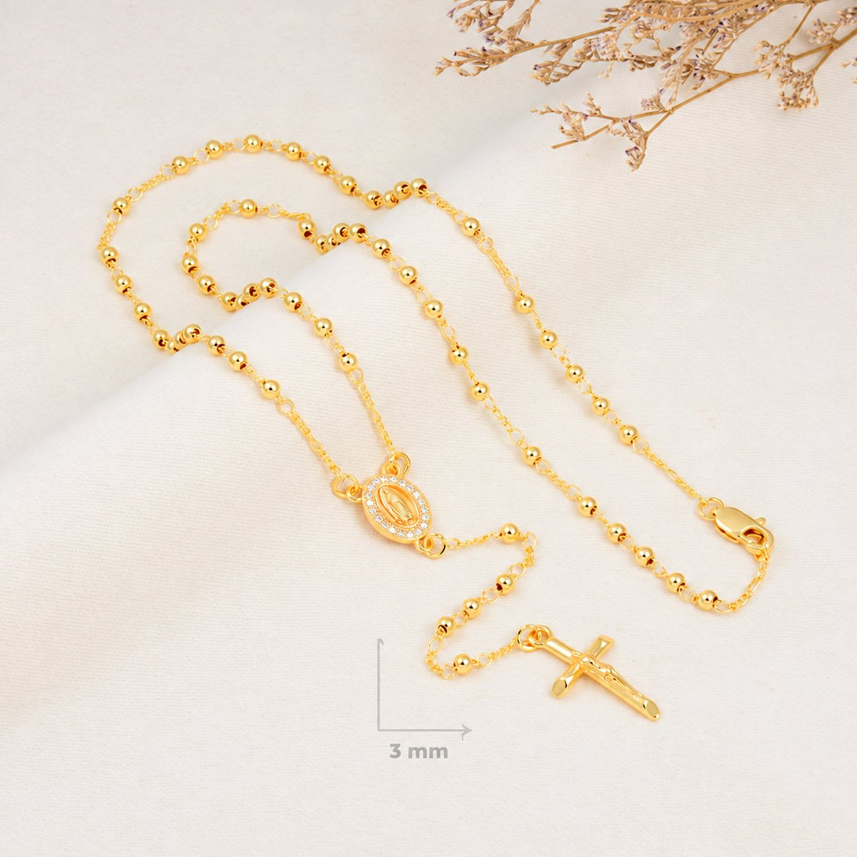 Grace Petite Gold-Plated Rosary — complete view of 3 mm polished beads, Virgin Mary medal and crucifix; QR removed