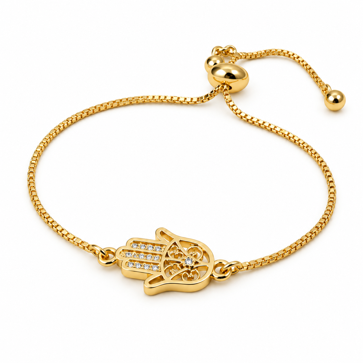 Hand of Fatima Adjustable Bracelet — full bracelet on white background