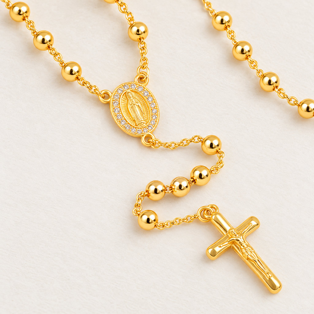 Grace Classic Gold-Plated Rosary — close-up of 4 mm beads, Virgin Mary medal and crucifix