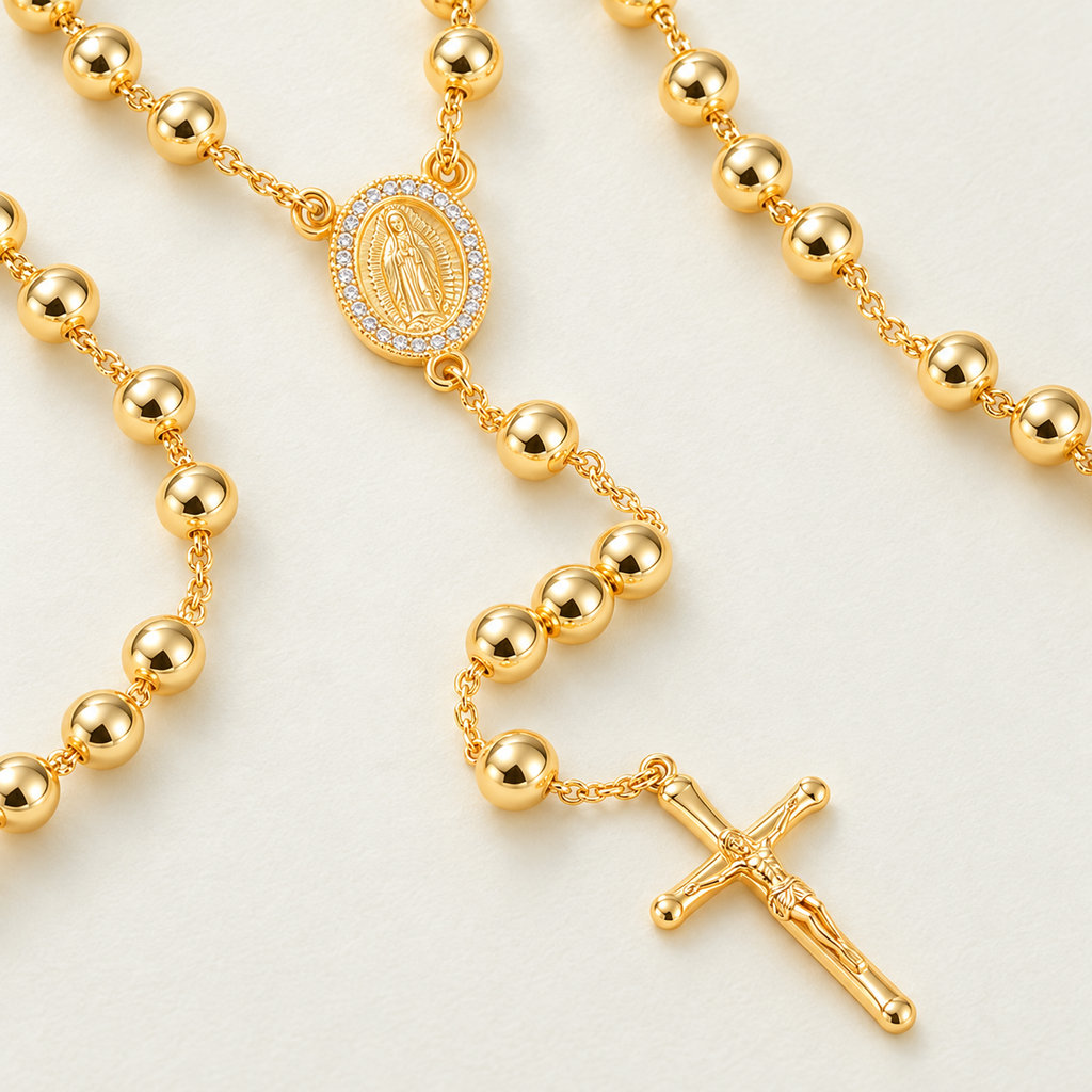 Grace Bold Gold-Plated Rosary — close-up of 6 mm beads, Virgin Mary medal and crucifix