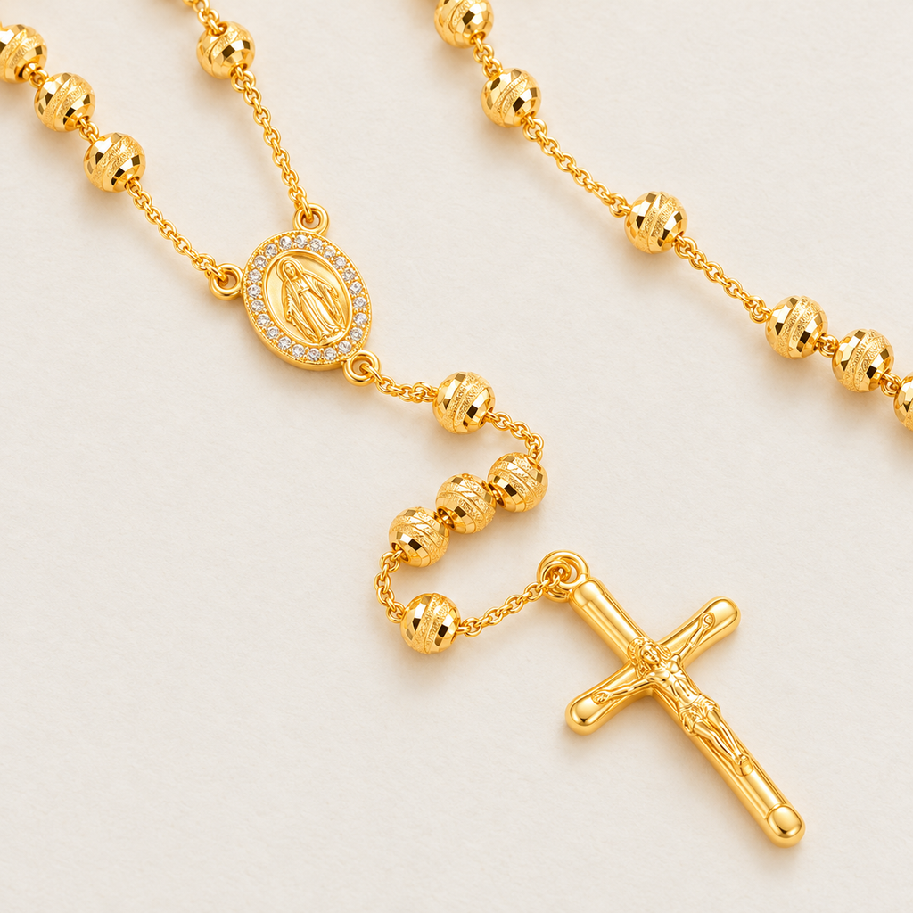 Lucia Grande Gold-Plated Rosary — close-up of 5 mm beads, Virgin Mary medal and crucifix