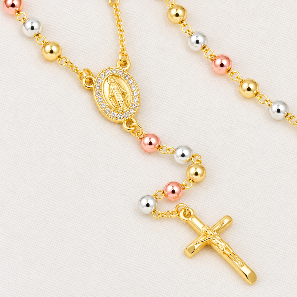 Faith Classic Tri-Tone Rosary — close-up of beads, Virgin Mary medal and crucifix