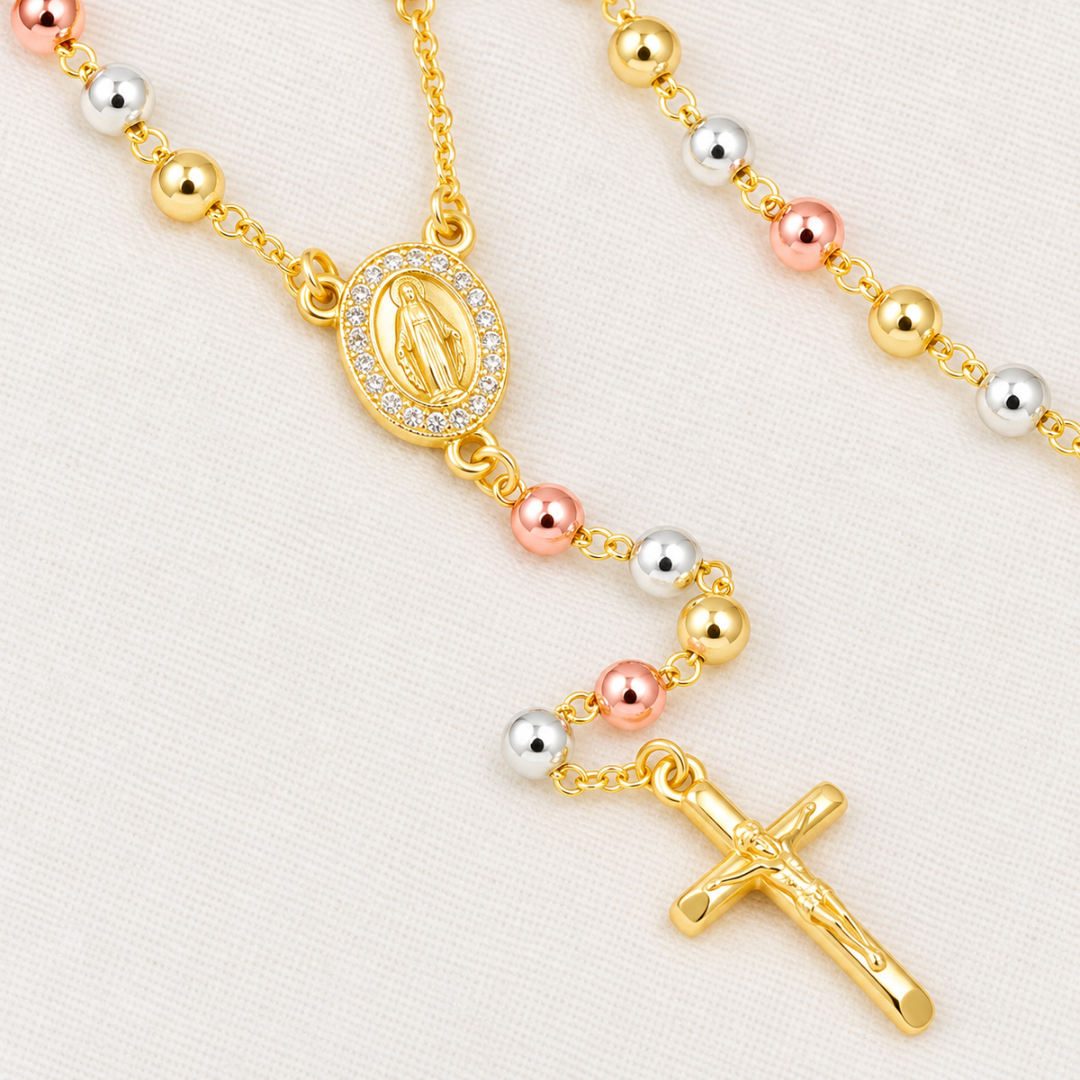Faith Classic Tri-Tone Rosary — close-up of beads, Virgin Mary medal and crucifix