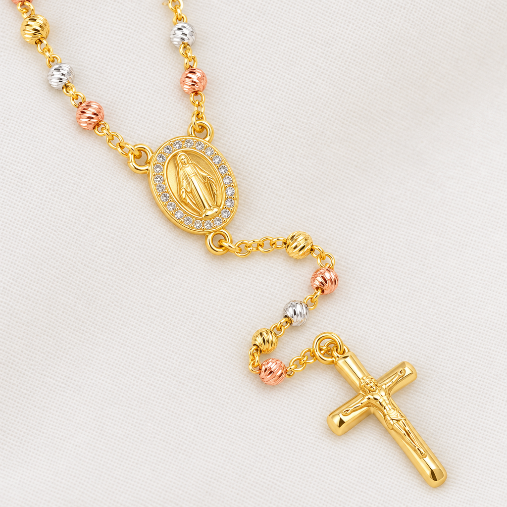 Trinity Petite Tri-Tone Rosary — close-up of beads, Virgin Mary medal and crucifix