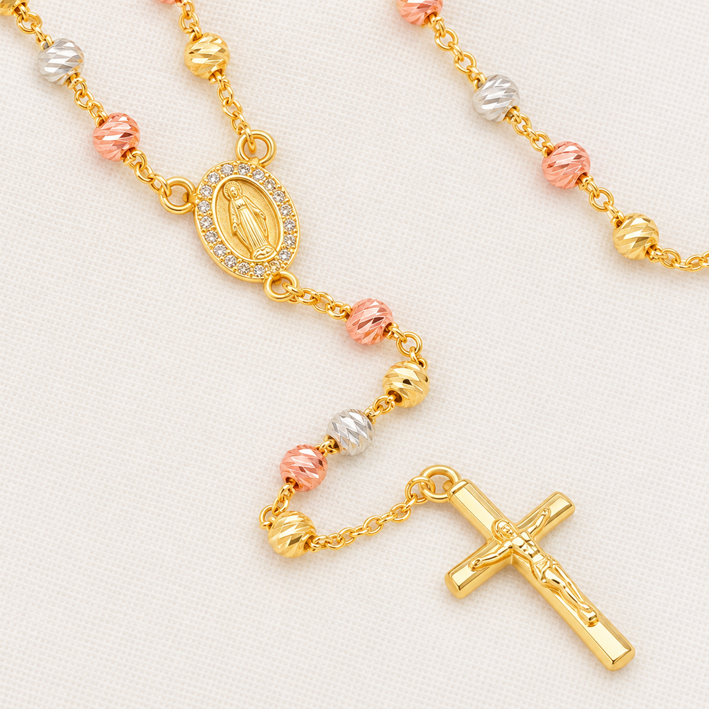 Trinity Classic Tri-Tone Rosary — close-up of beads, Virgin Mary medal and crucifix