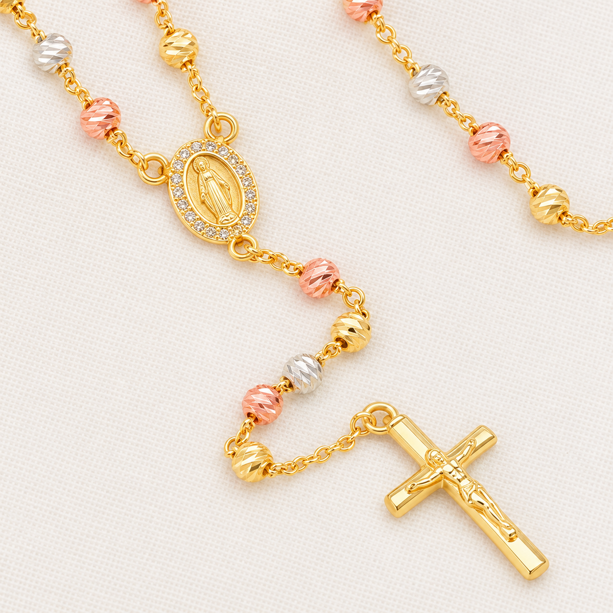 Trinity Classic Tri-Tone Rosary — close-up of beads, Virgin Mary medal and crucifix