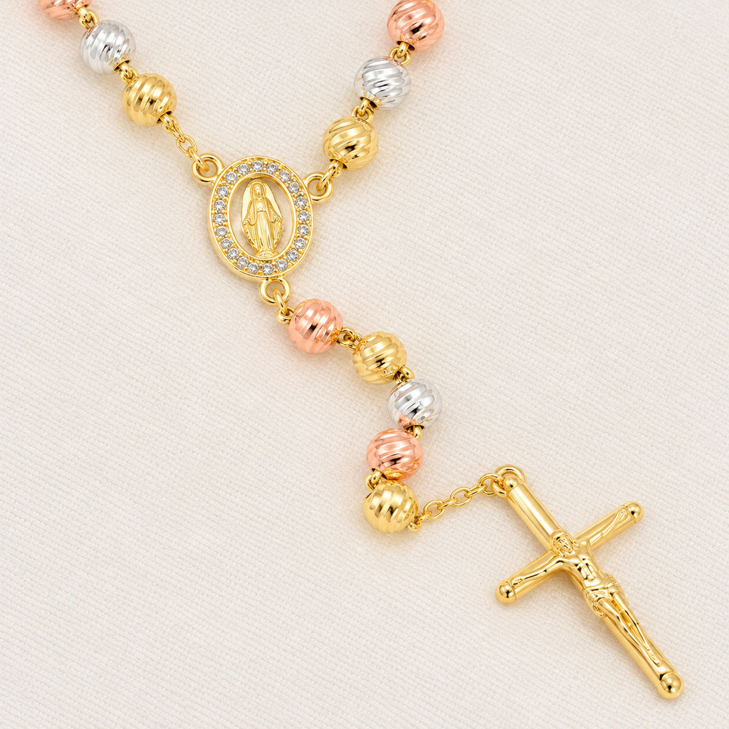 Trinity Bold Tri-Tone Rosary — close-up of beads, Virgin Mary medal and crucifix