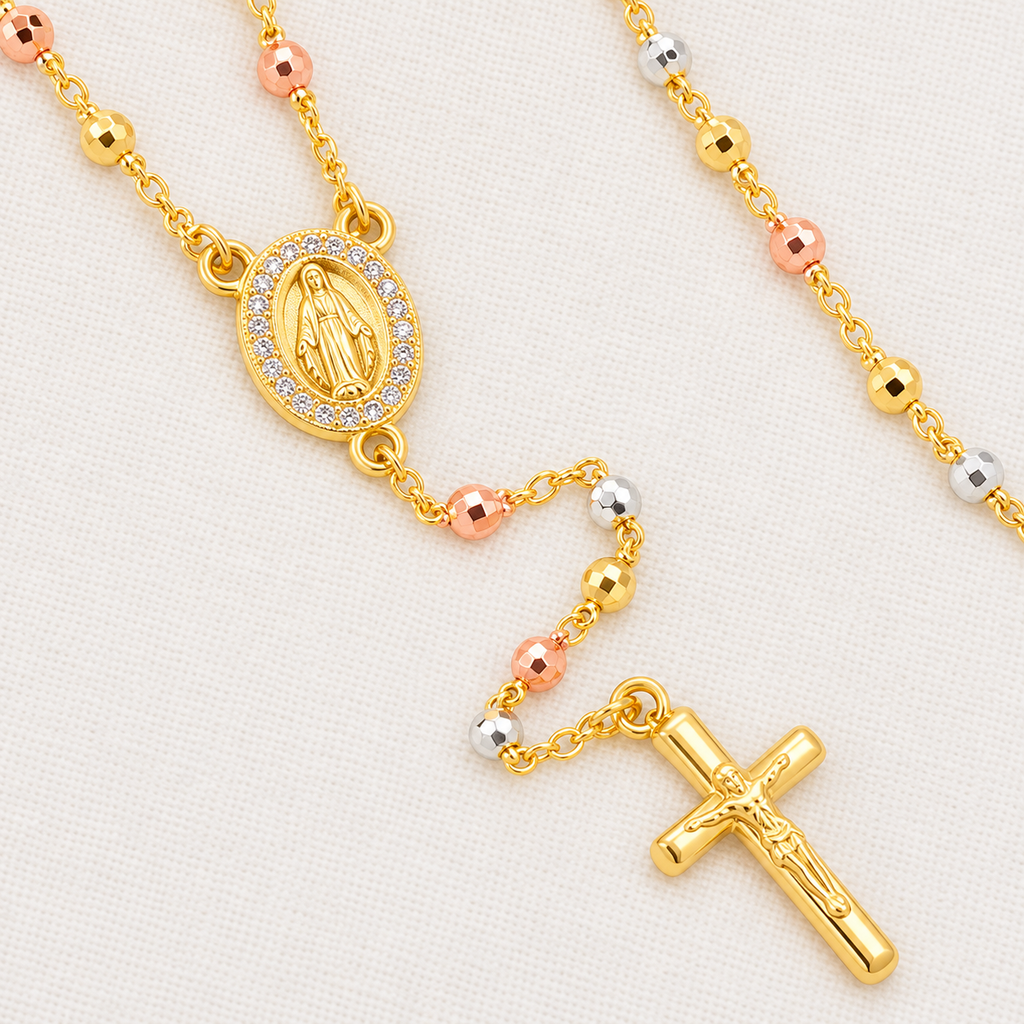 Serena Petite Tri-Tone Rosary — close-up of beads, Virgin Mary medal and crucifix