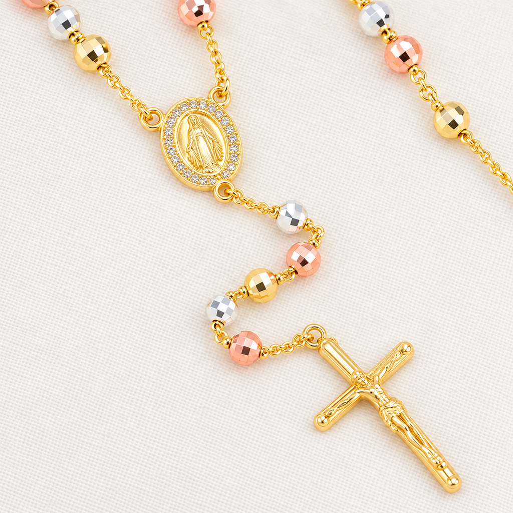 Serena Grande Tri-Tone Rosary — close-up of beads, Virgin Mary medal and crucifix