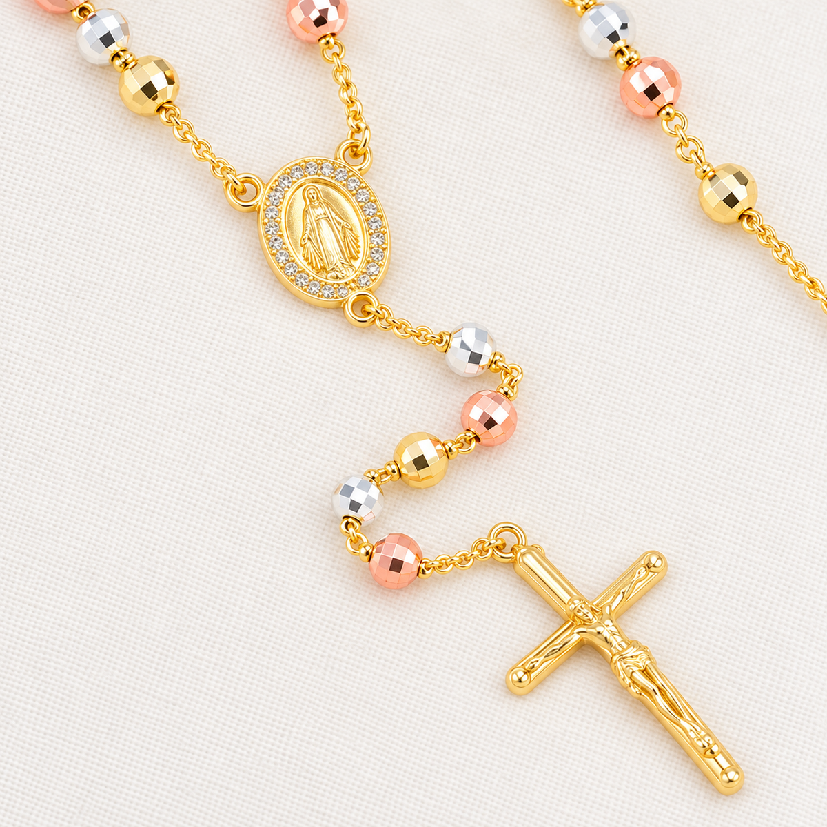 Serena Grande Tri-Tone Rosary — close-up of beads, Virgin Mary medal and crucifix
