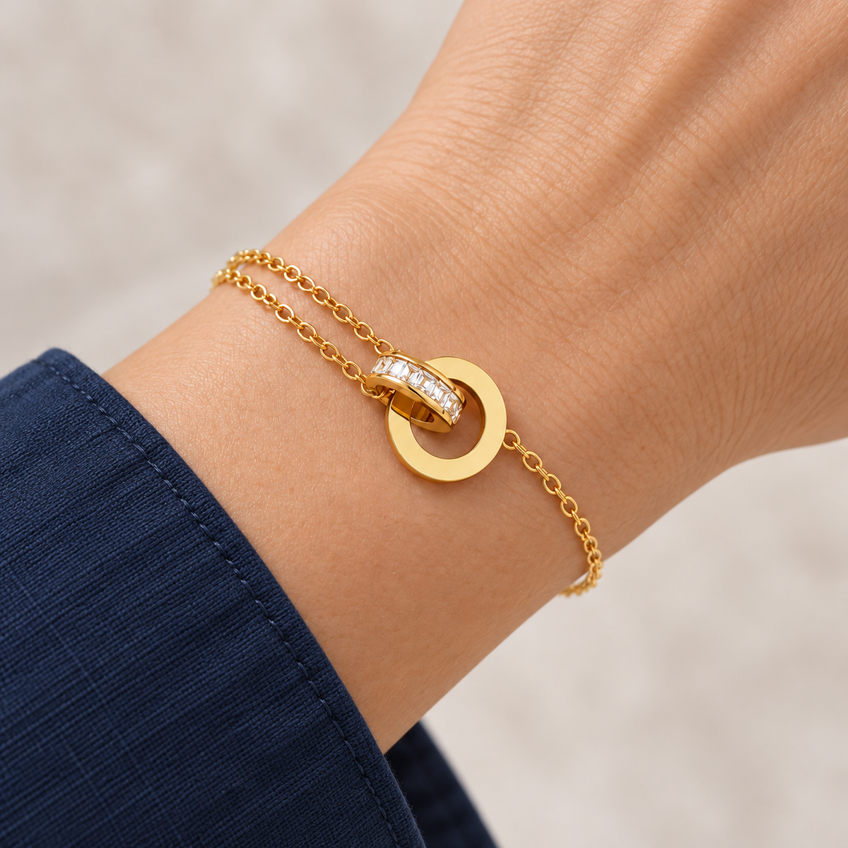 Iris Crystal Bracelet worn on wrist with modern everyday clothing
