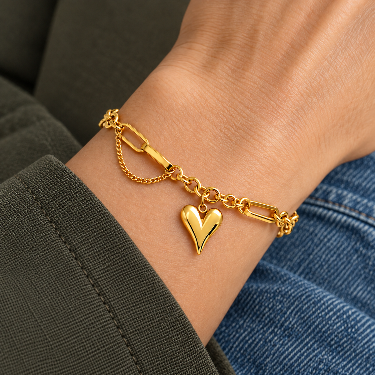Kaia Heart Bracelet worn on wrist with modern everyday clothing