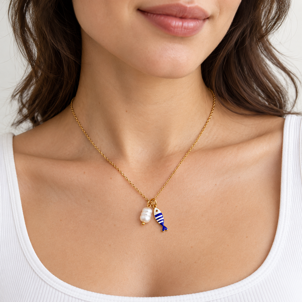 Kaia Sea Necklace — worn with corrected pendant proportions