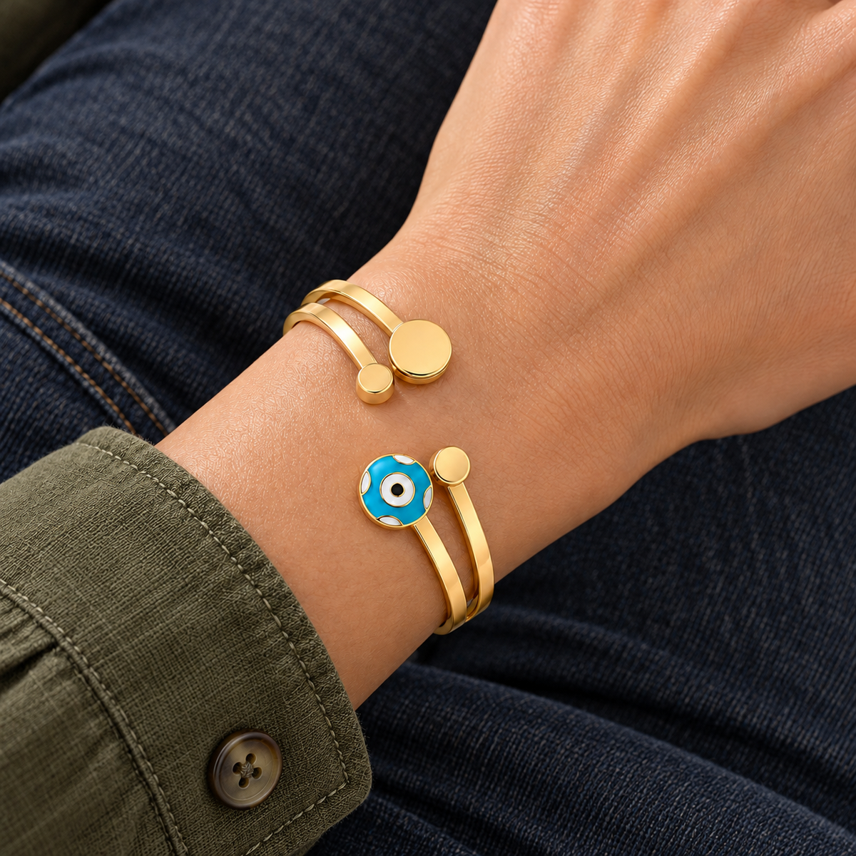 Leona Evil Eye Bracelet worn with contemporary clothing