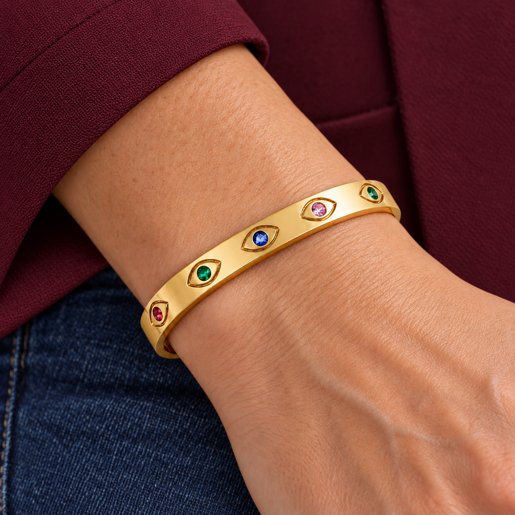 Liana Evil Eye Bracelet worn on wrist with modern everyday clothing