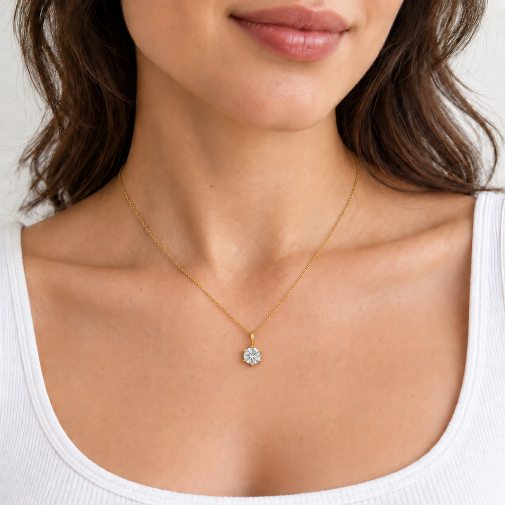 Livia Crystal Necklace — try-on with refined proportions