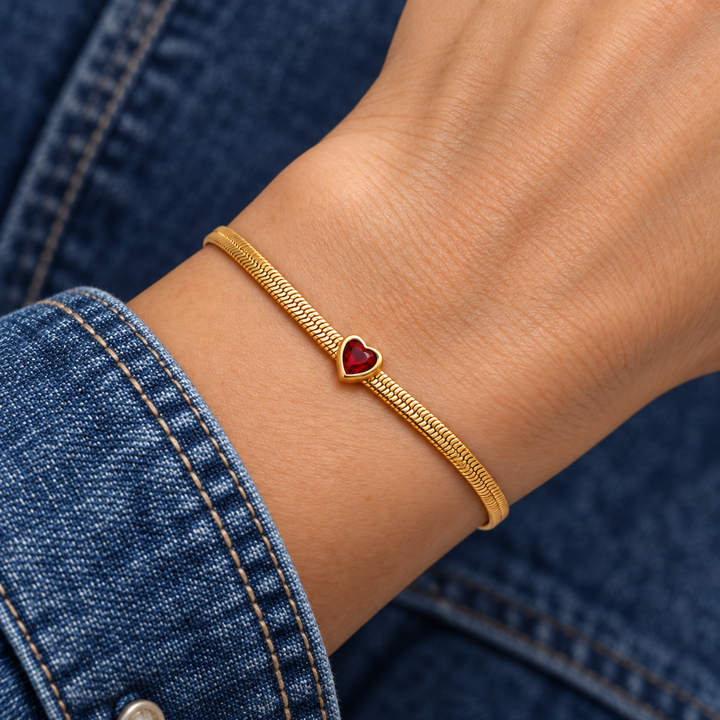 Lola Heart Bracelet worn on wrist with modern everyday clothing