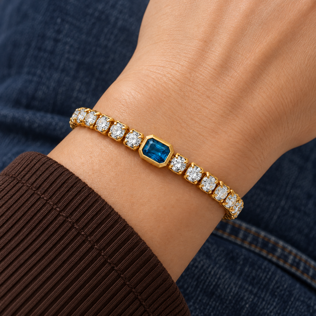 Lucia Crystal Bracelet worn on wrist with modern everyday clothing