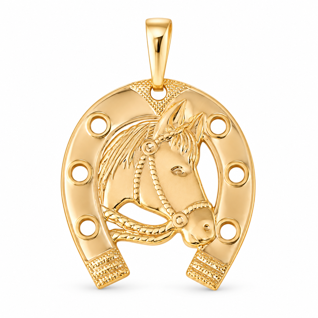 Lucky Horseshoe Pendant 18K Gold Filled, high-definition close-up on white