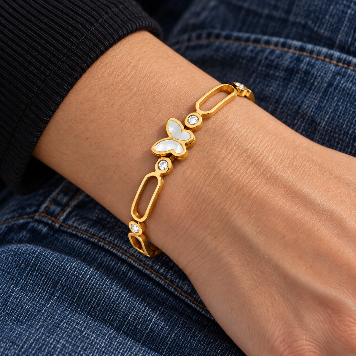 Luna Butterfly Bracelet worn on wrist with modern everyday clothing