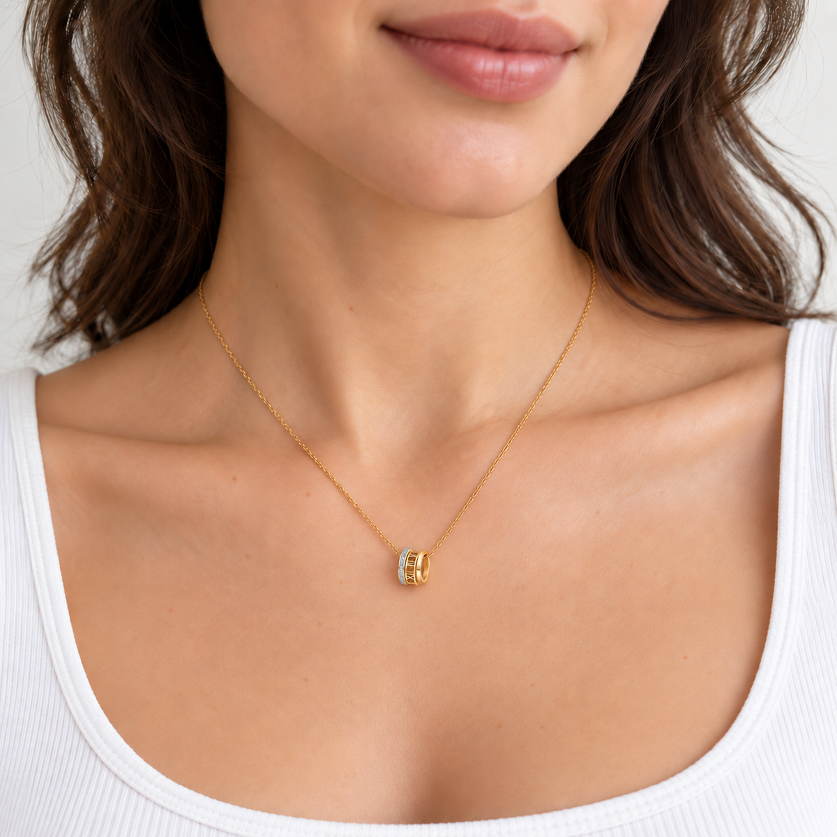 Mara Crystal Necklace — try-on with refined proportions