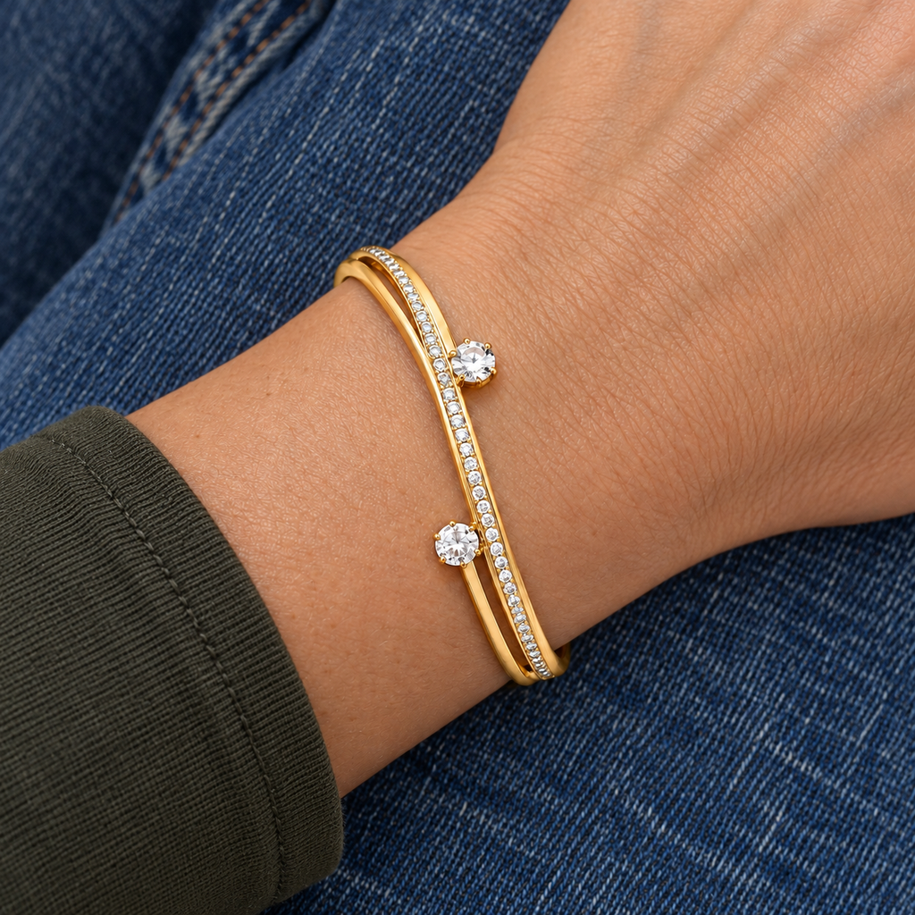 Marea Crystal Bracelet worn on wrist with modern everyday clothing