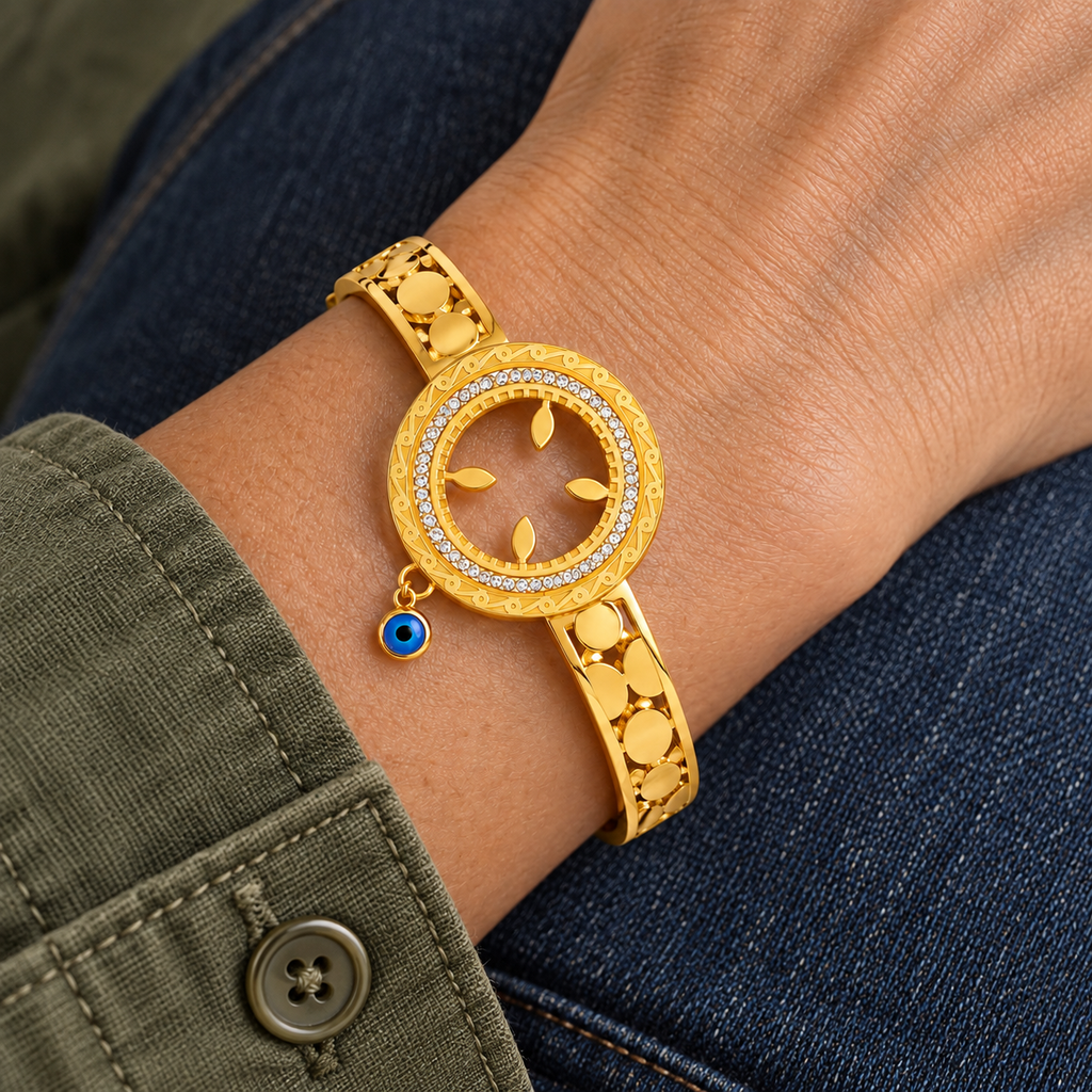 Margot Evil Eye Bracelet worn on wrist with modern everyday clothing