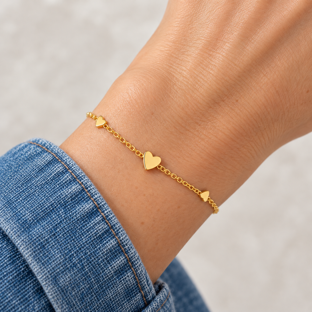 Maris Heart Bracelet worn on wrist with modern everyday clothing