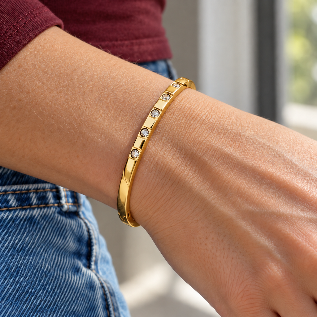Maya Crystal Bracelet worn on wrist with modern everyday clothing