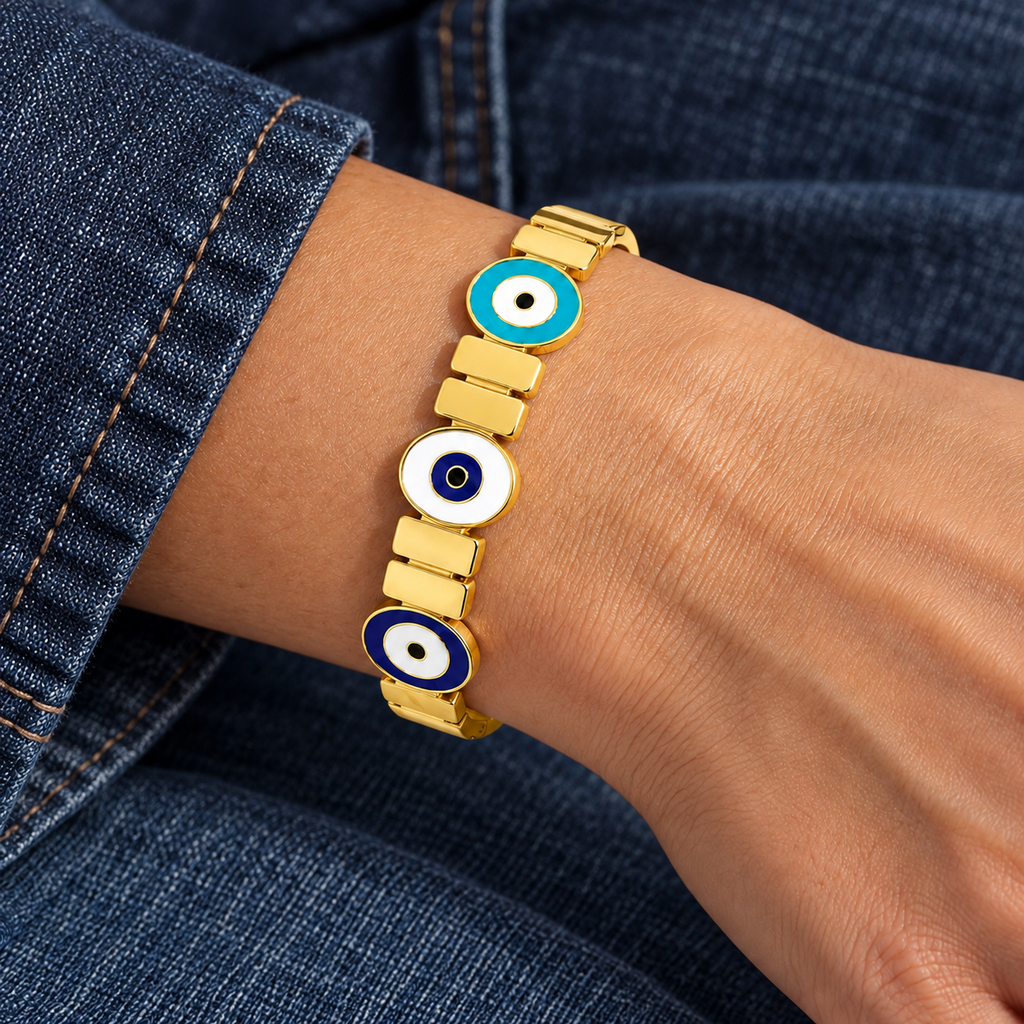 Meline Evil Eye Bracelet worn with contemporary clothing