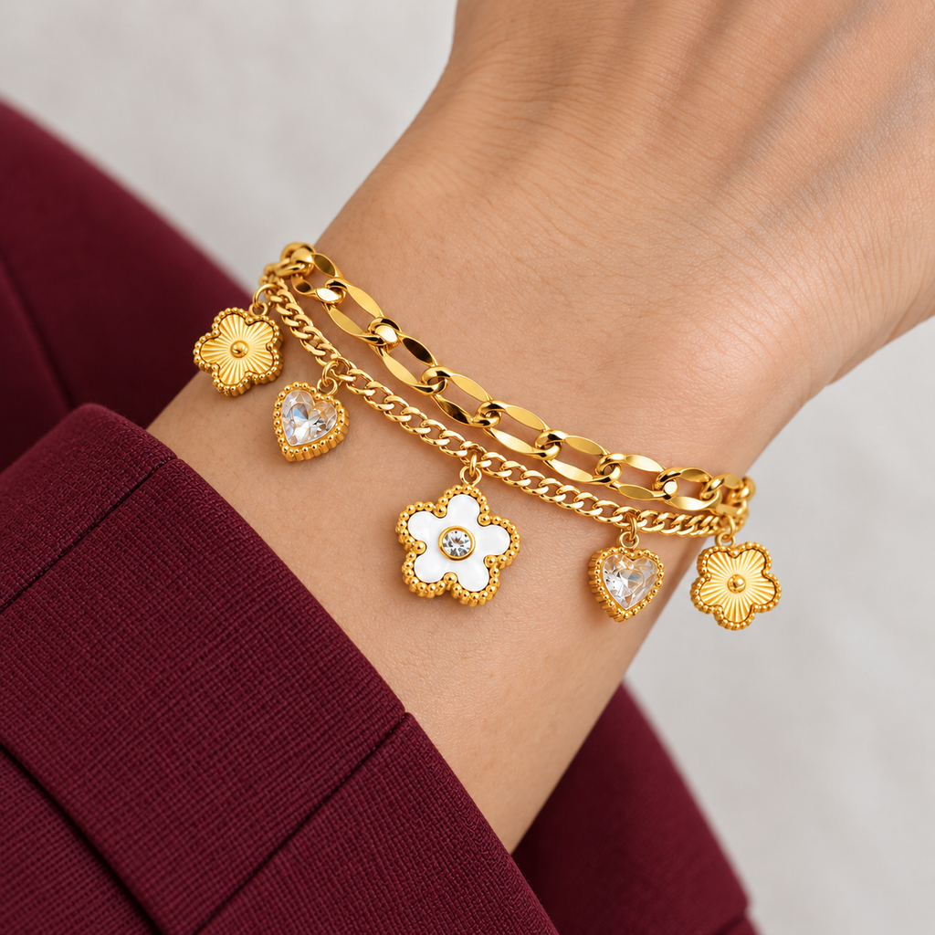 Mia Floral Meadow Bracelet worn on wrist with modern everyday clothing