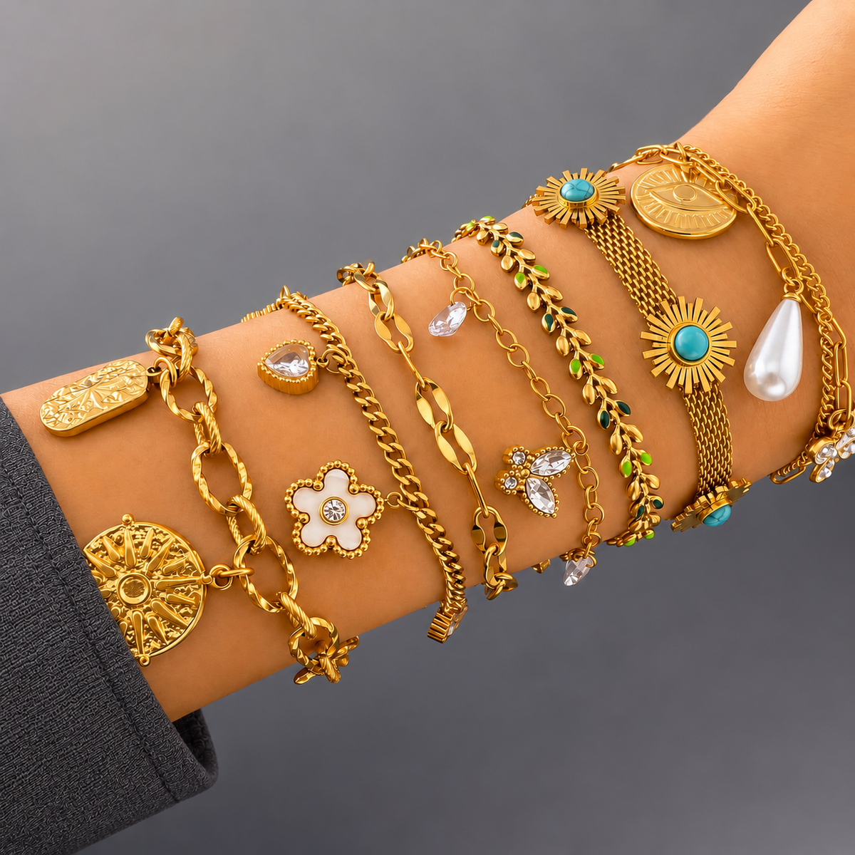 Mia Floral Meadow Bracelet worn with contemporary clothing