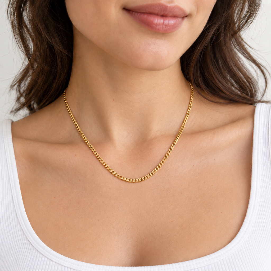Mia Necklace — try-on with corrected proportions