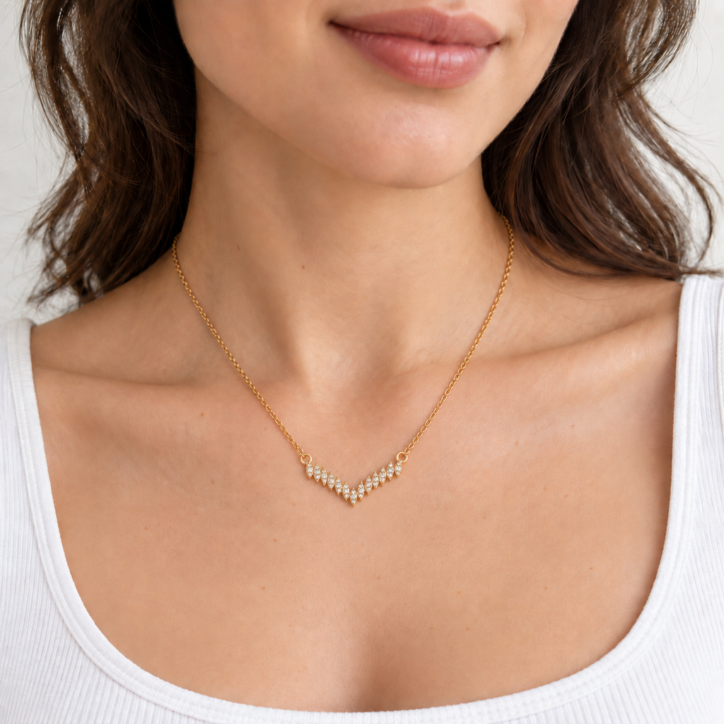 Mila Crystal Necklace — try-on with refined proportions