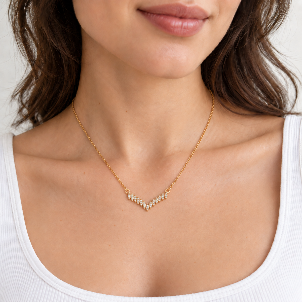 Mila Crystal Necklace — try-on with refined proportions