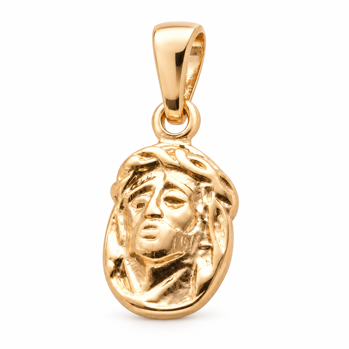 Mini Jesus Face Pendant - 18K Gold Filled, high-definition close-up on white