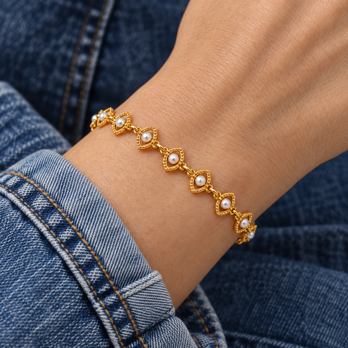 Mira Evil Eye Bracelet worn on wrist with modern everyday clothing