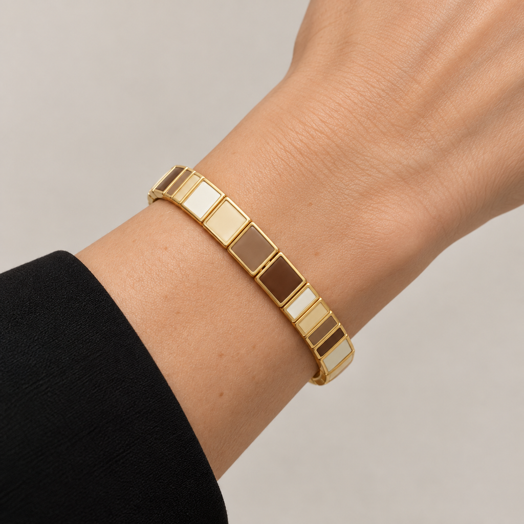 Mosaic Gold Stretch Bracelet — bracelet worn on wrist