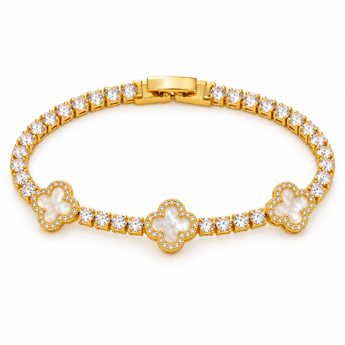 Mother-of-Pearl and CZ Flower Bracelet — full bracelet on white background