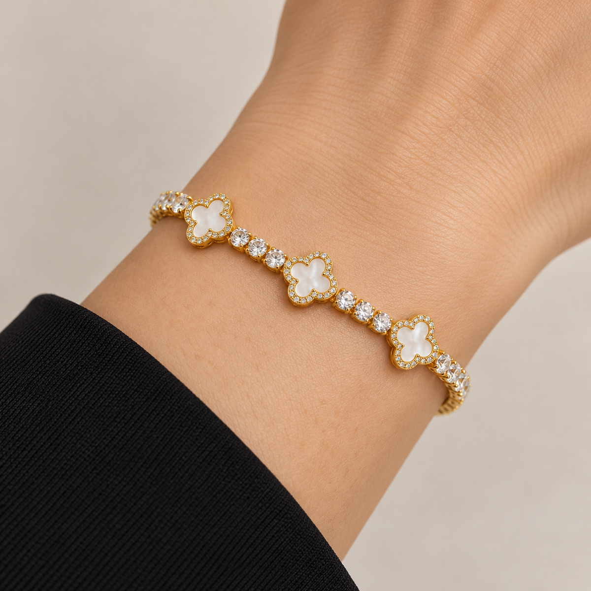 Mother-of-Pearl and CZ Flower Bracelet — bracelet worn on wrist